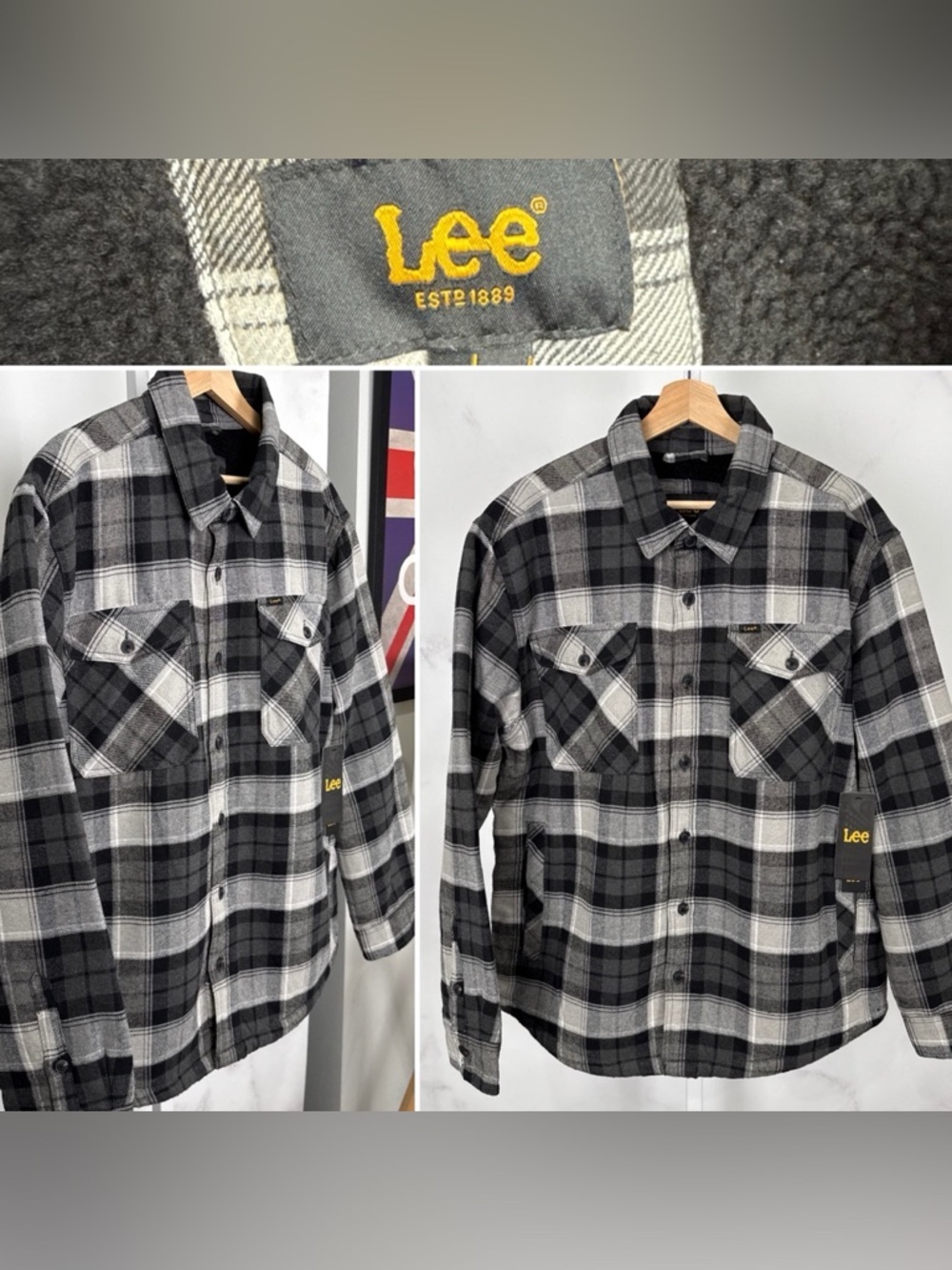 Lee Men’s Sherpa Lined Black/grey Plaid Button Up Shirt Jacket Size L NEW $70